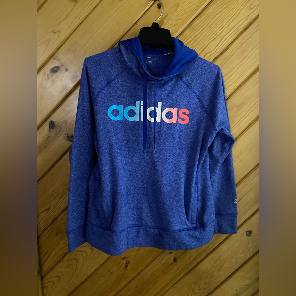 Adidas blue long sleeve hooded sweatshirt, size 18 girls youth (o4)